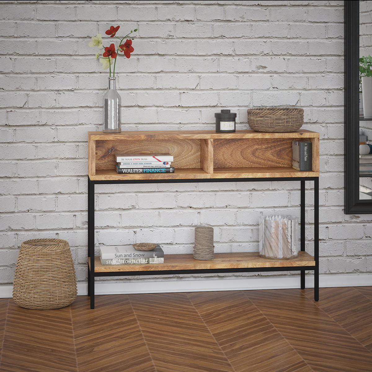 Ojas Console Table, 42″ (Natural Burnt and Black)