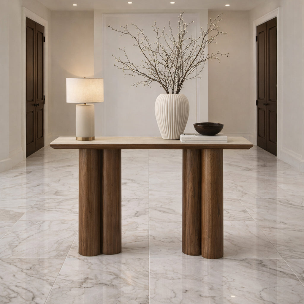 Seaton Console Table, 47.25″ (Walnut and Travertine)