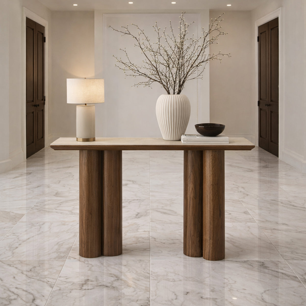 Seaton Console Table, 47.25″ (Walnut and Travertine)