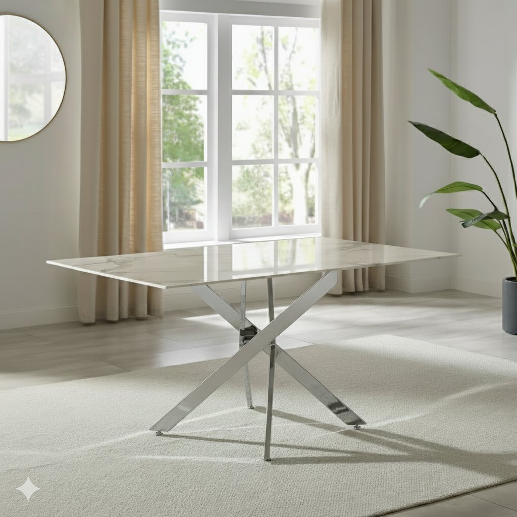 Genesis Rectangle Dining Table – Marble Finish/Silver