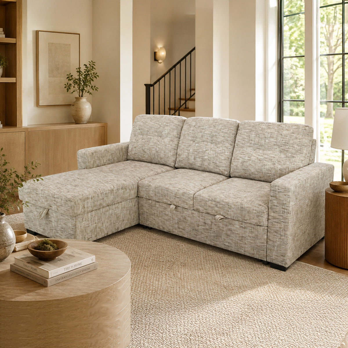 Draga Sofa with Reversible Chaise & Bed & Storage (Beige)