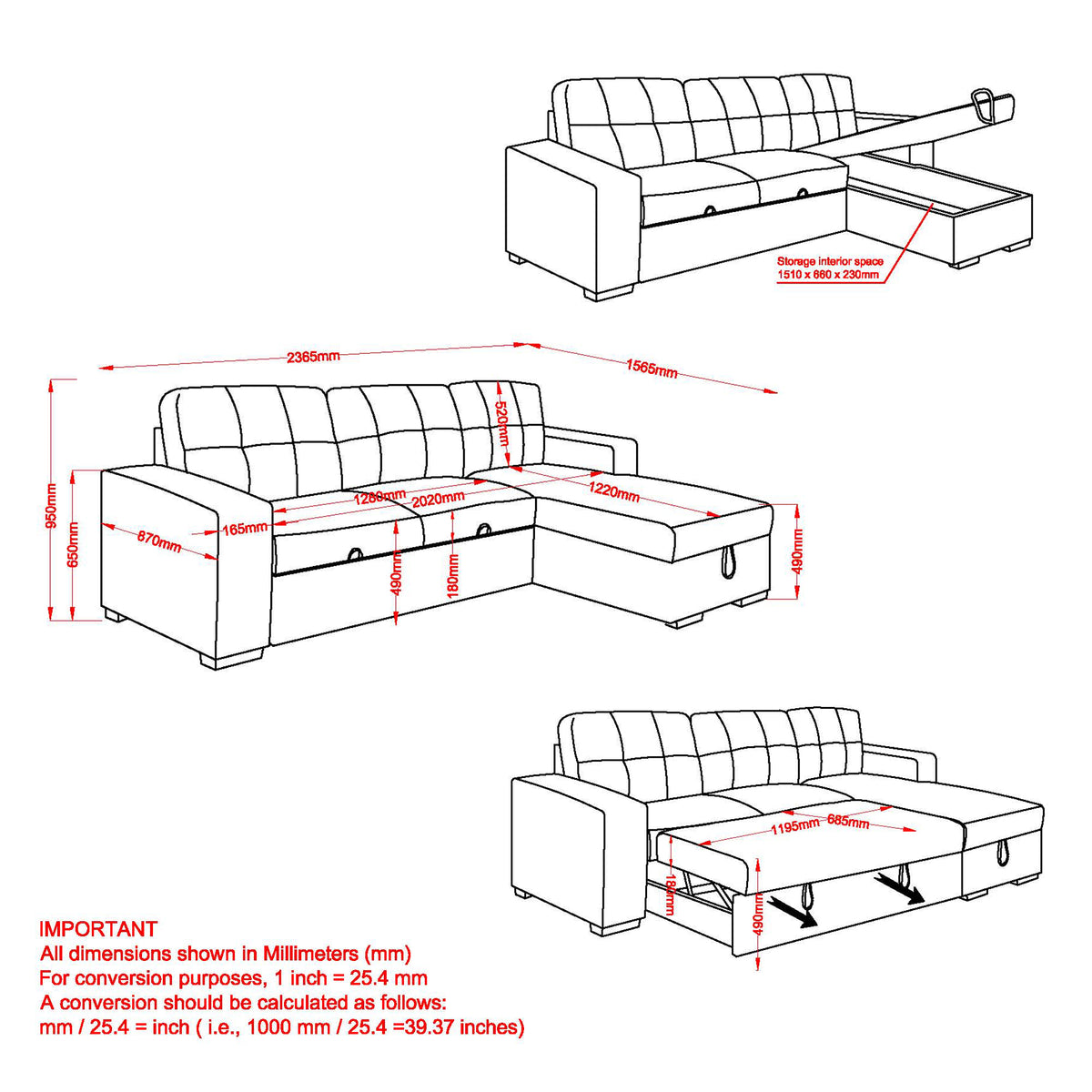 Draga Sofa with Reversible Chaise & Bed & Storage (Warm Grey)