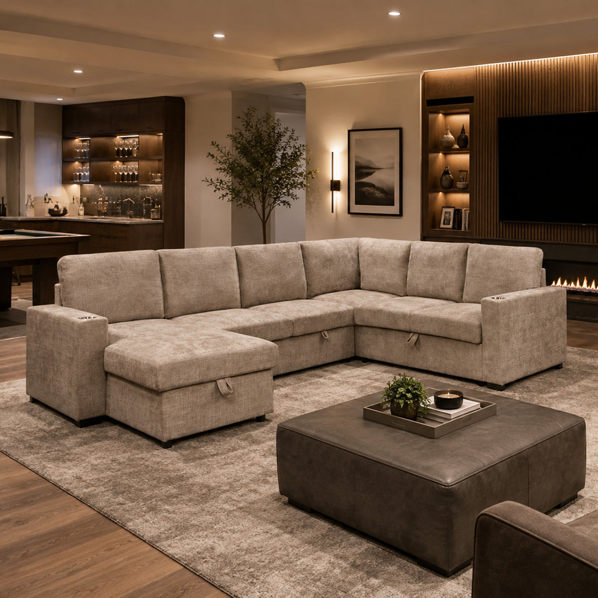 Lennox Right Sectional with Chaise & Bed & Storage (Beige)