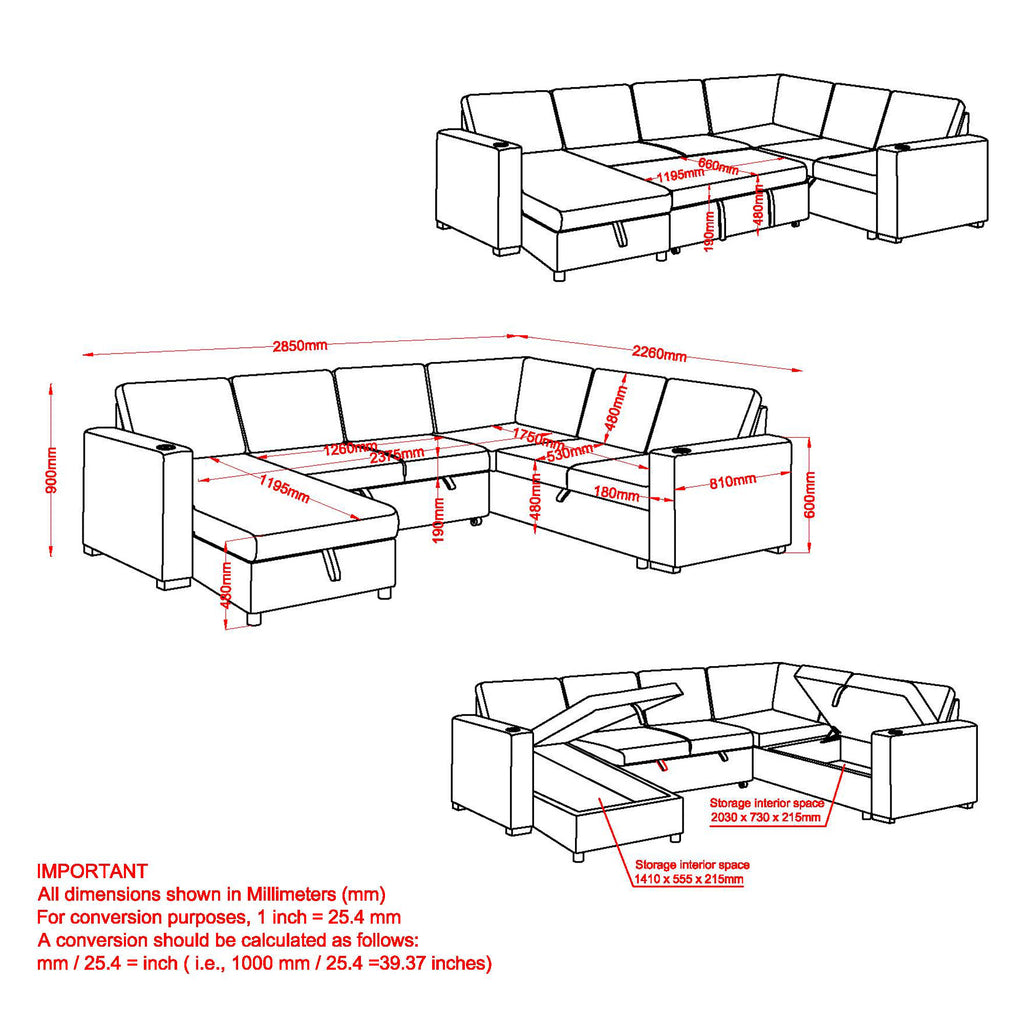 Lennox Right Sectional with Chaise & Bed & Storage (Beige)