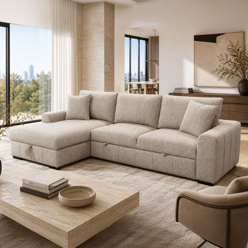 Gareth Sofa with Left Chaise & Bed & Storage (Taupe)