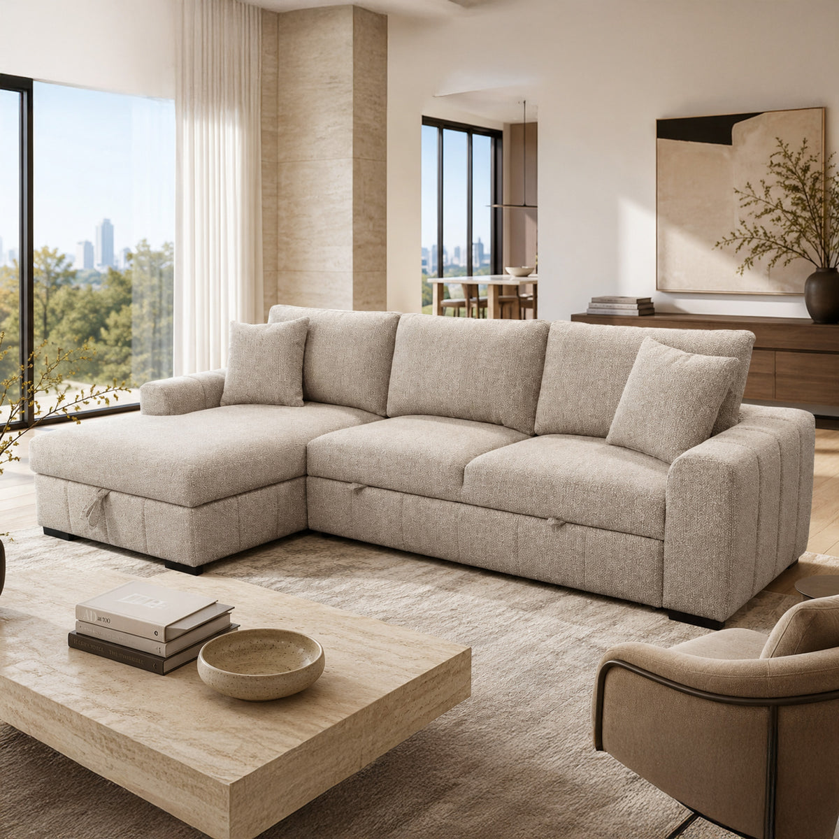 Gareth Sofa with Left Chaise & Bed & Storage (Taupe)