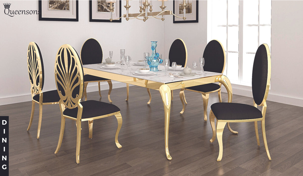 Soleil Gold Finish 79" Dining Table with 6 Ice Black Velvet Chairs