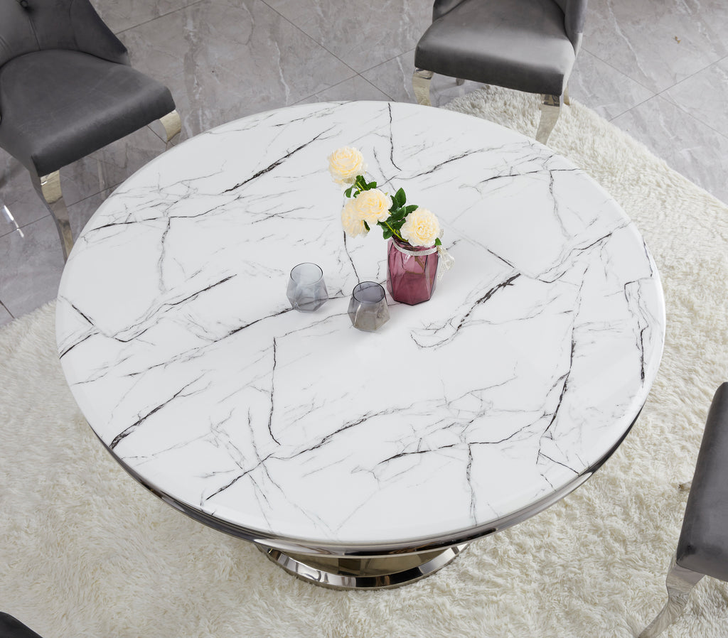 Lotus Round White Marble Dining Table (53" x 30.5")