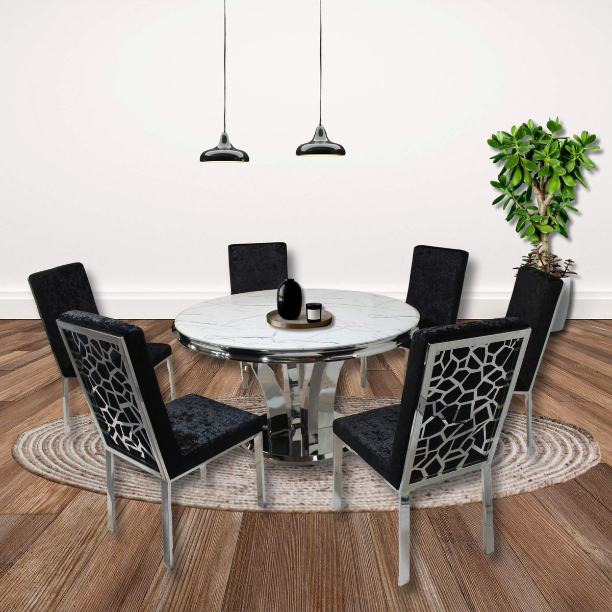 Lotus Marble Dining Table with Angelina Black Dining Set