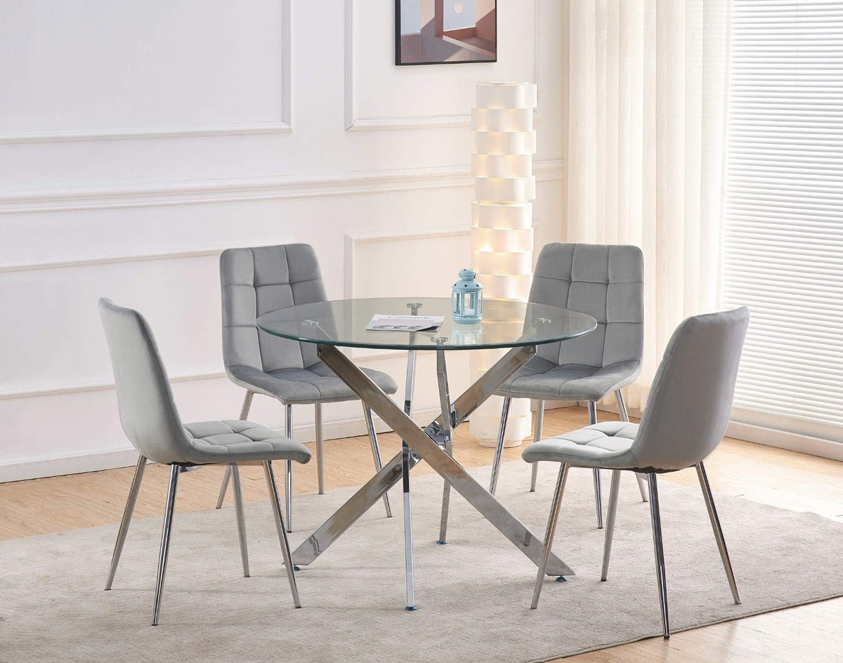 Sword Round Silver Dining Table with 4 Bombay Grey Silver Chairs