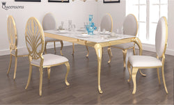 Soleil Gold Finish 63" Dining Table with 6 Ice White PU Chairs
