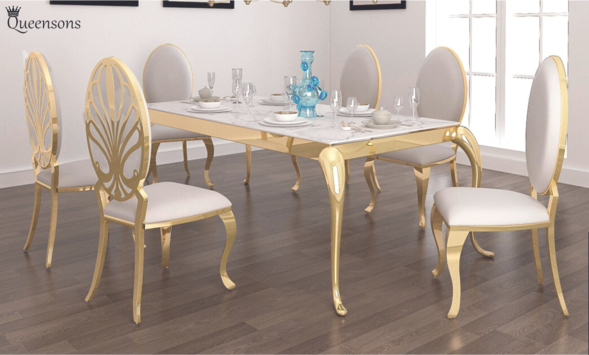 Soleil Gold Finish 63" Dining Table with 6 Ice White PU Chairs