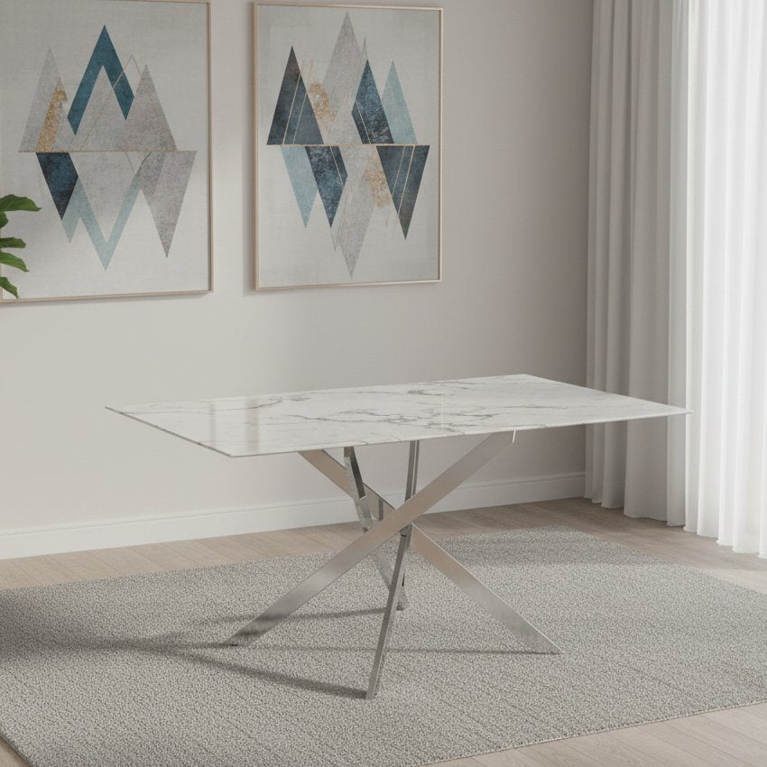 Genesis Rectangle Dining Table – Marble Finish/Silver