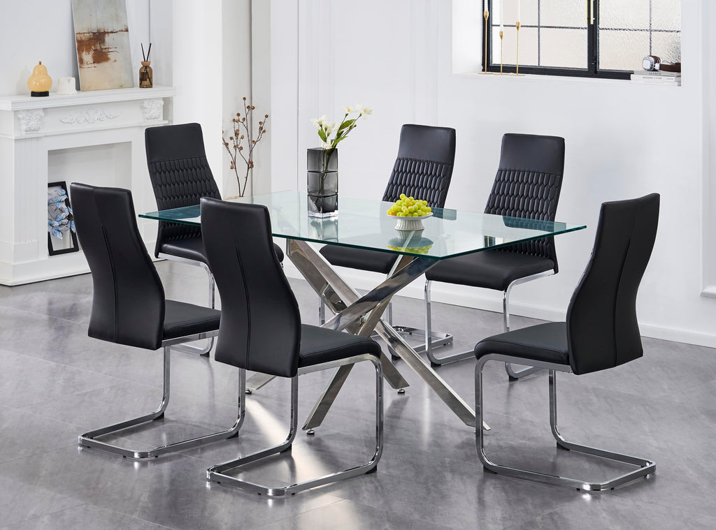T-1448 / C-1579 7-Piece Dining Set (Black PU, Honey Comb)