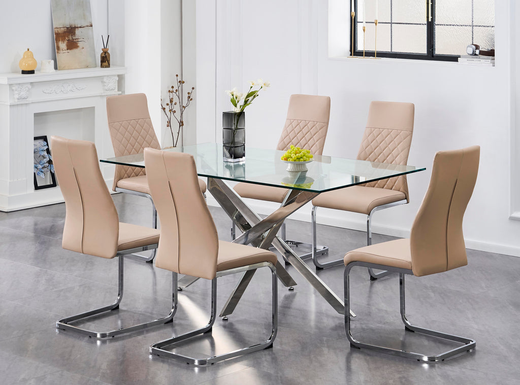 T-1448 / C-1577 7-Piece Dining Set (Beige PU, Diamond)