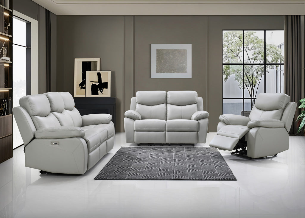 IF-8130 Power Recliner Sofa Set (Light Grey Leather Match)