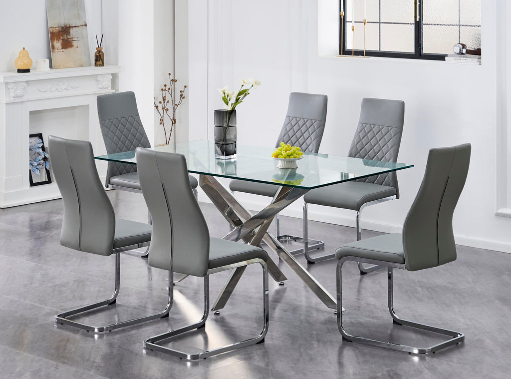 T-1448 / C-1576 7-Piece Dining Set (Grey PU, Diamond)