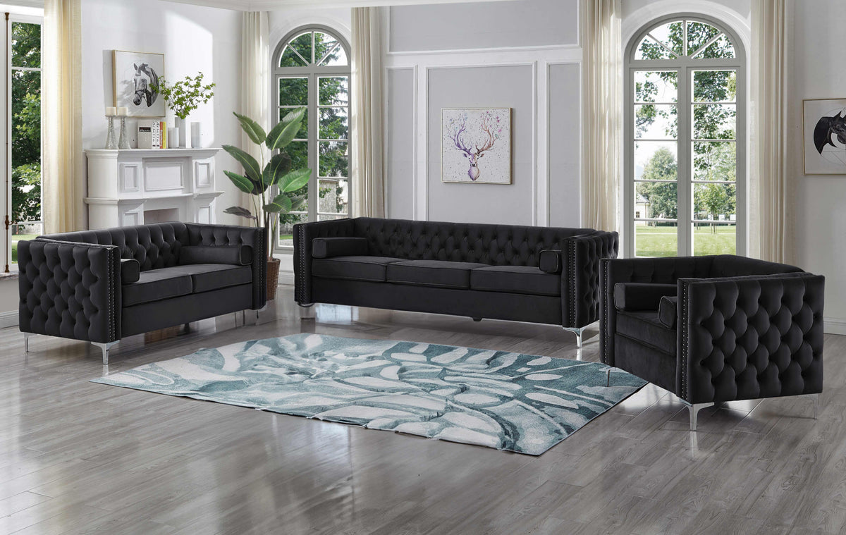 IF-8007 Stationary Sofa Set (Black Velvet)