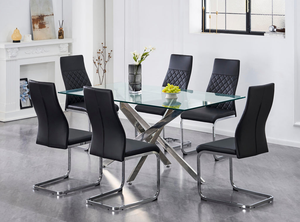T-1448 / C-1574 7-Piece Dining Set (Black PU, Diamond)