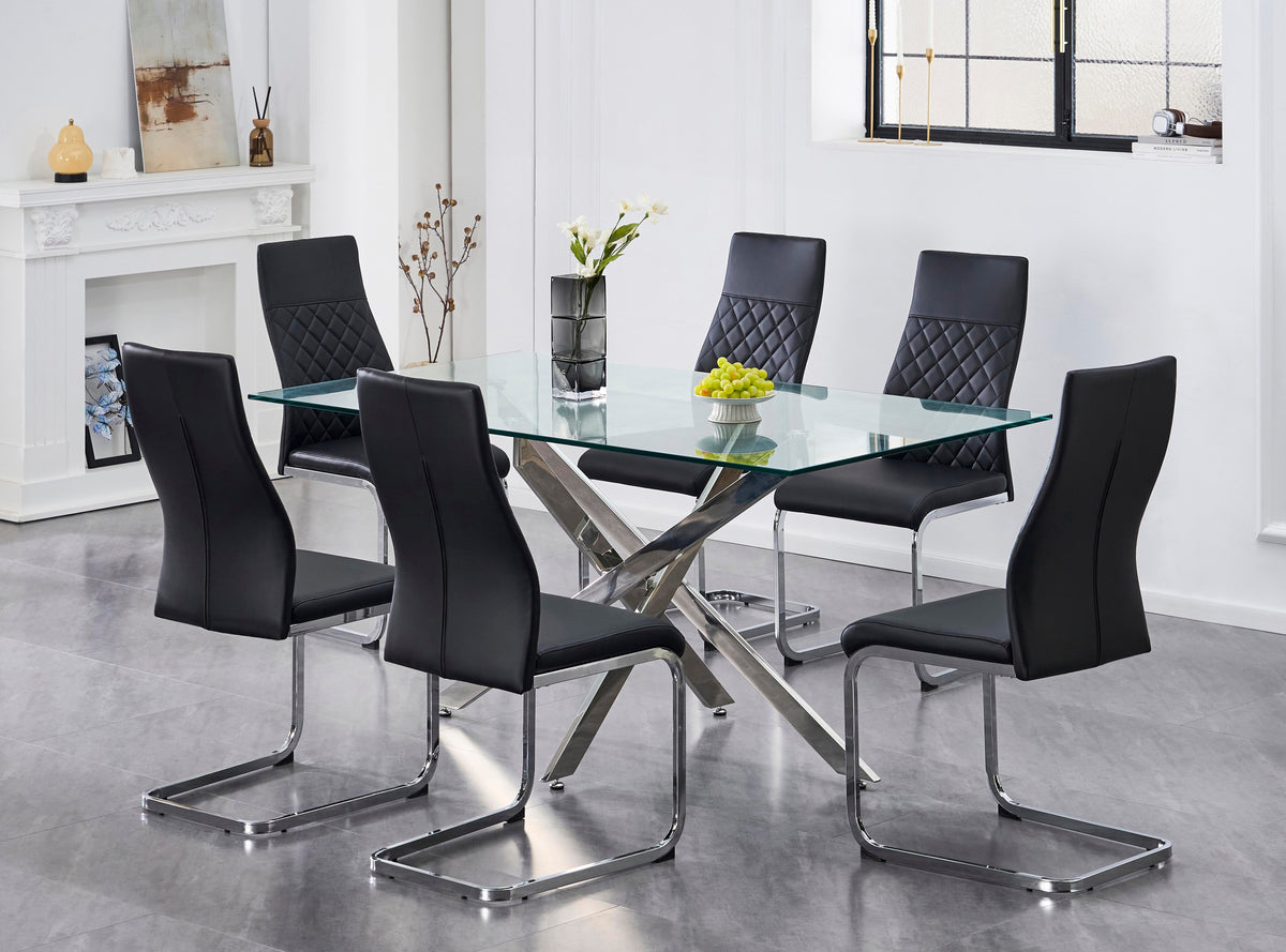 T-1448 / C-1574 7-Piece Dining Set (Black PU, Diamond)