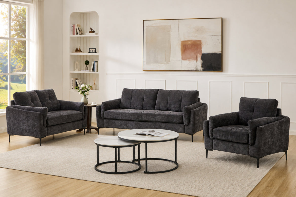 Charcoal sofa, loveseat and chair set