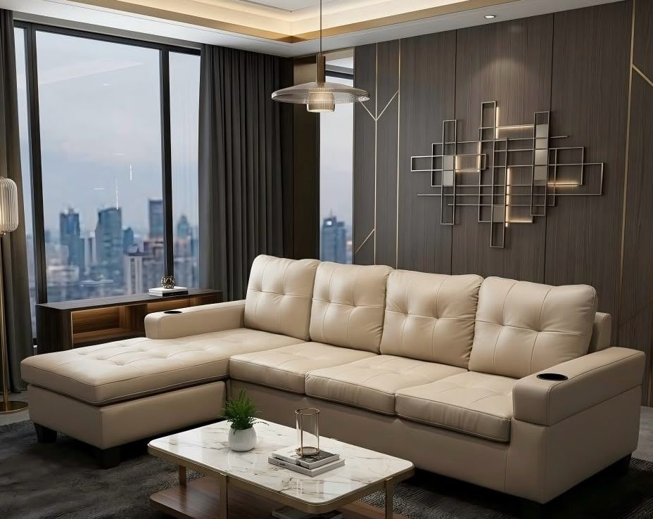 Live Oak 2022 Reversible Soft PU Leather Sectional Sofa - Beige