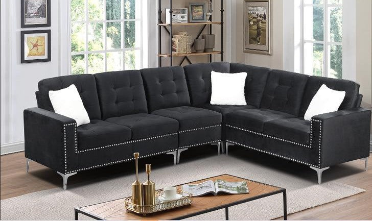 Live Oak 2201 Reversible Velvet Corner Sectional Sofa - Black