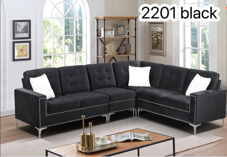 Live Oak 2201 Reversible Velvet Corner Sectional Sofa - Black