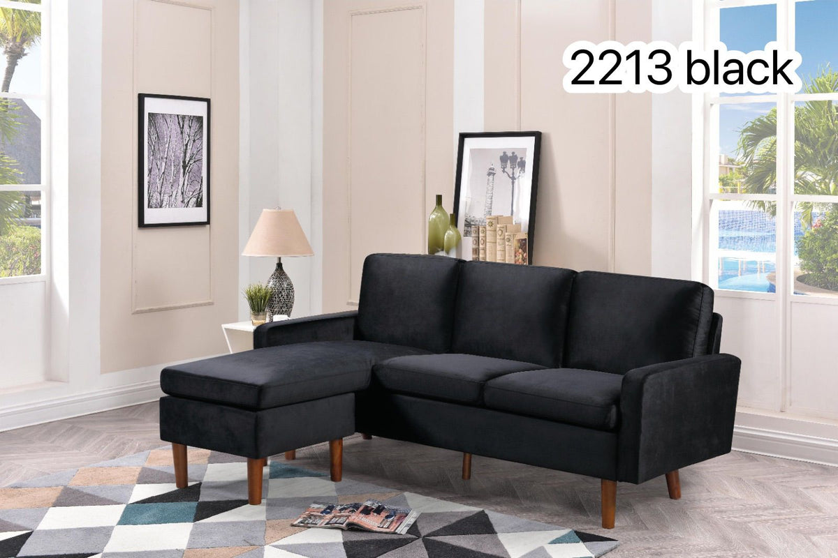 Live Oak 2213 Reversible Velvet Sectional Sofa - Black
