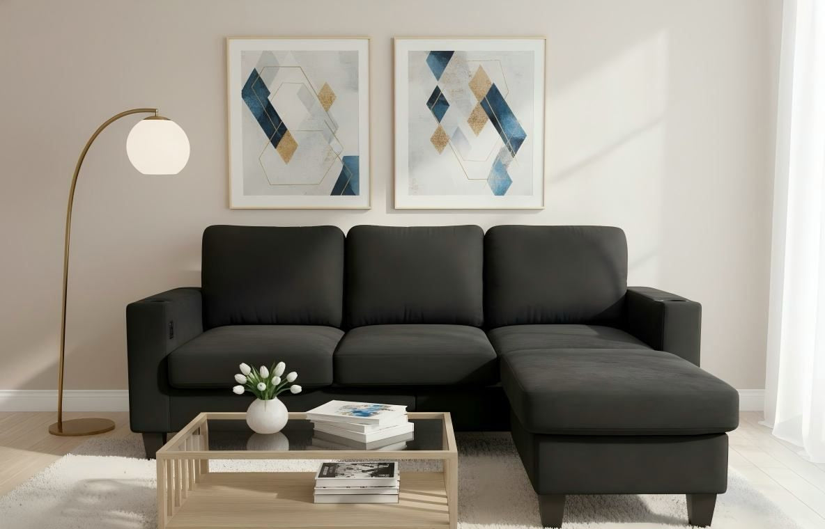 Live Oak 2215 Microfiber Sectional Sofa with USB Ports - Black
