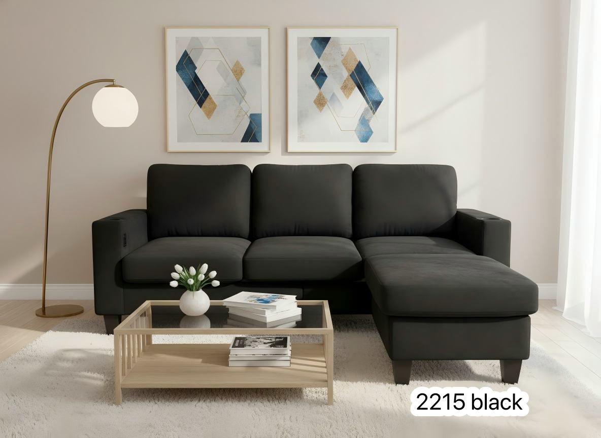 Live Oak 2215 Microfiber Sectional Sofa with USB Ports - Black