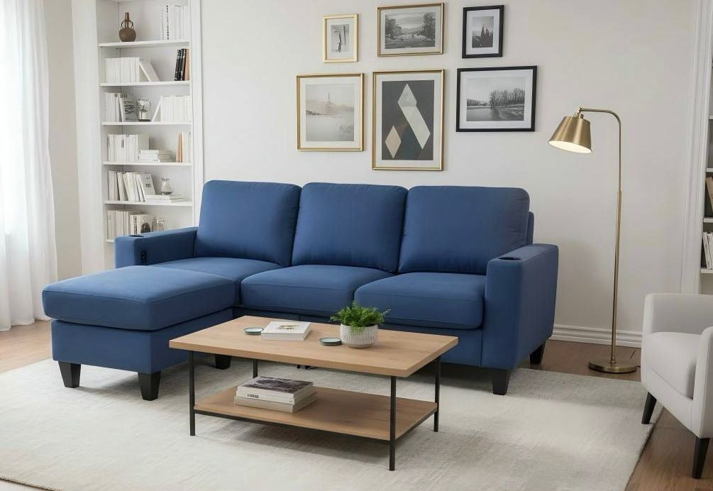 Live Oak 2215 Microfiber Sectional Sofa with USB Ports - Blue