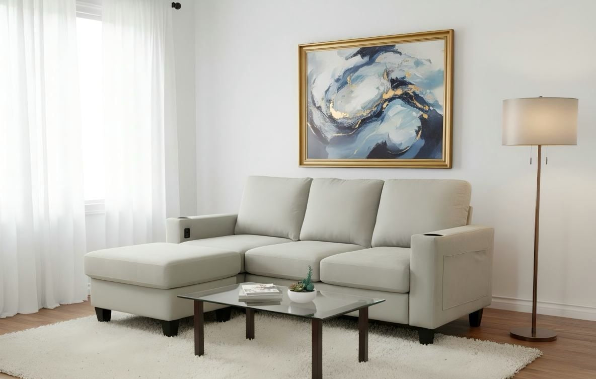 Live Oak 2215 Microfiber Sectional Sofa with USB Ports - Light Grey