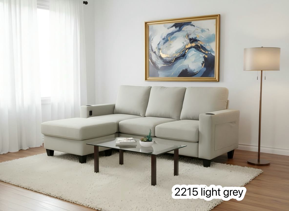 Live Oak 2215 Microfiber Sectional Sofa with USB Ports - Light Grey