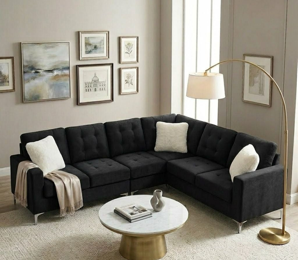 Live Oak 2505 Reversible Velvet Corner Sectional Sofa - Black