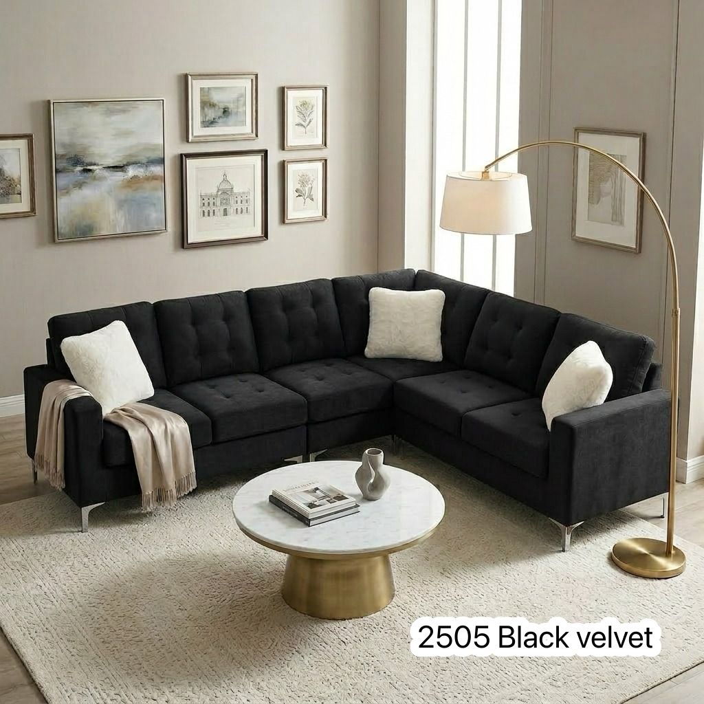 Live Oak 2505 Reversible Velvet Corner Sectional Sofa - Black