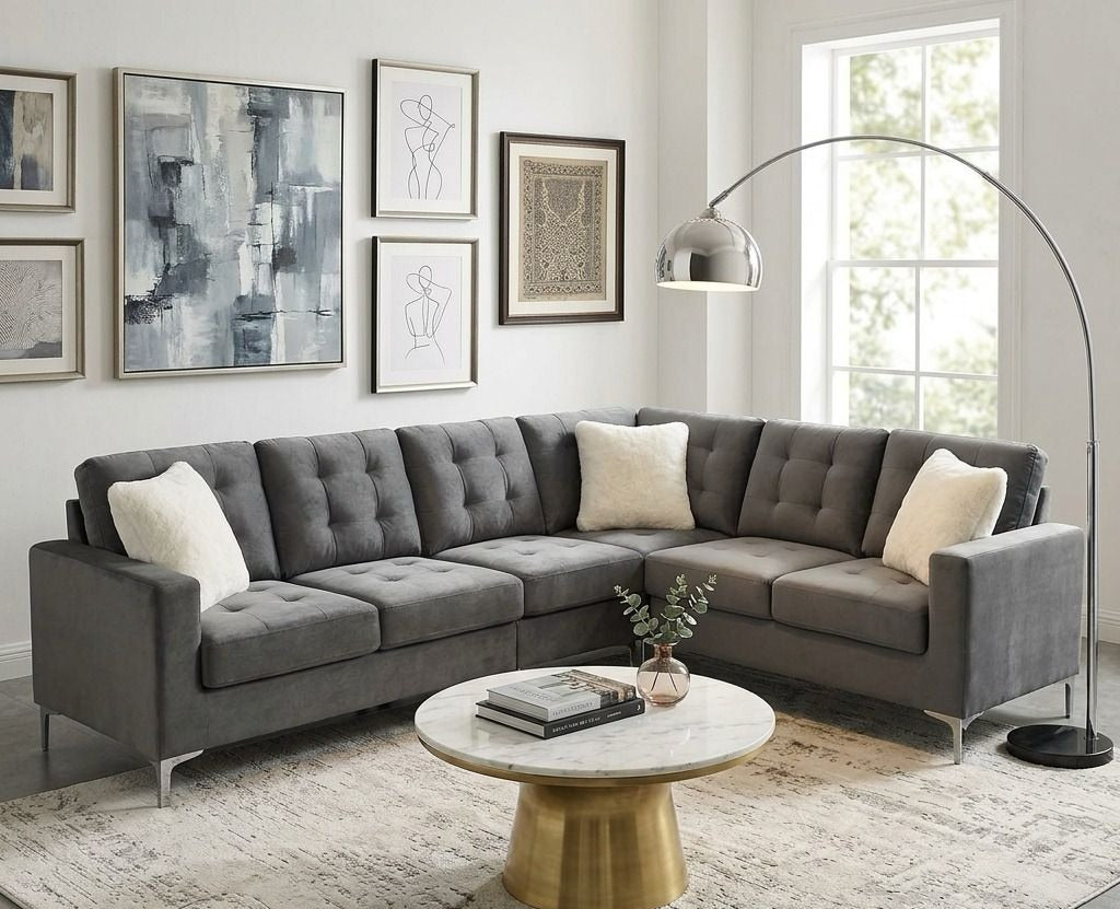 Live Oak 2505 Reversible Velvet Corner Sectional Sofa - Grey