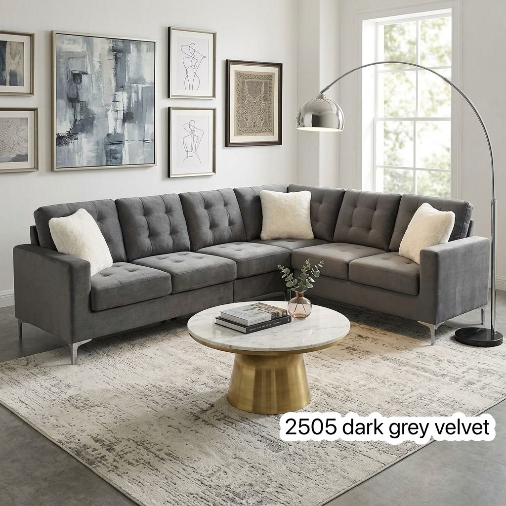 Live Oak 2505 Reversible Velvet Corner Sectional Sofa - Grey