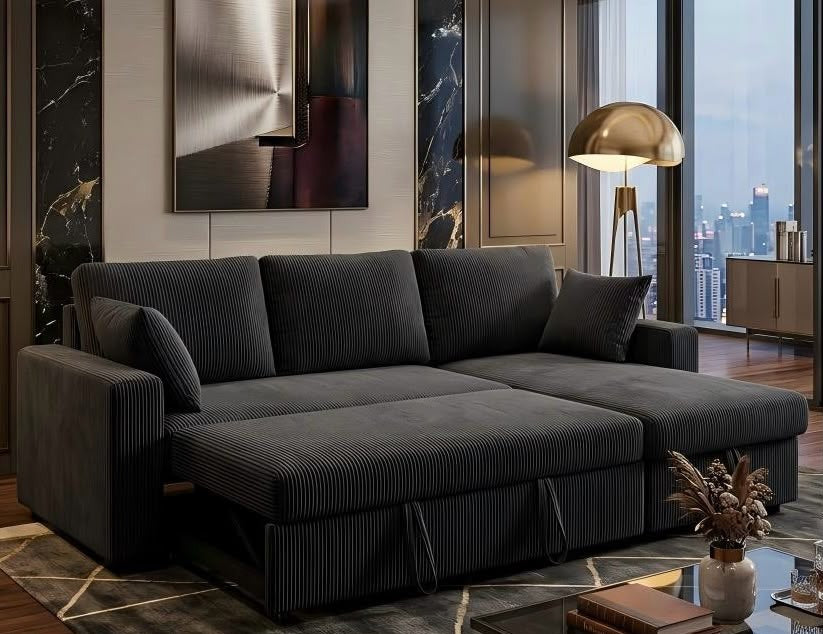 Live Oak 2508 Reversible Corduroy Pull-Out Sofa Bed Sectional - Black
