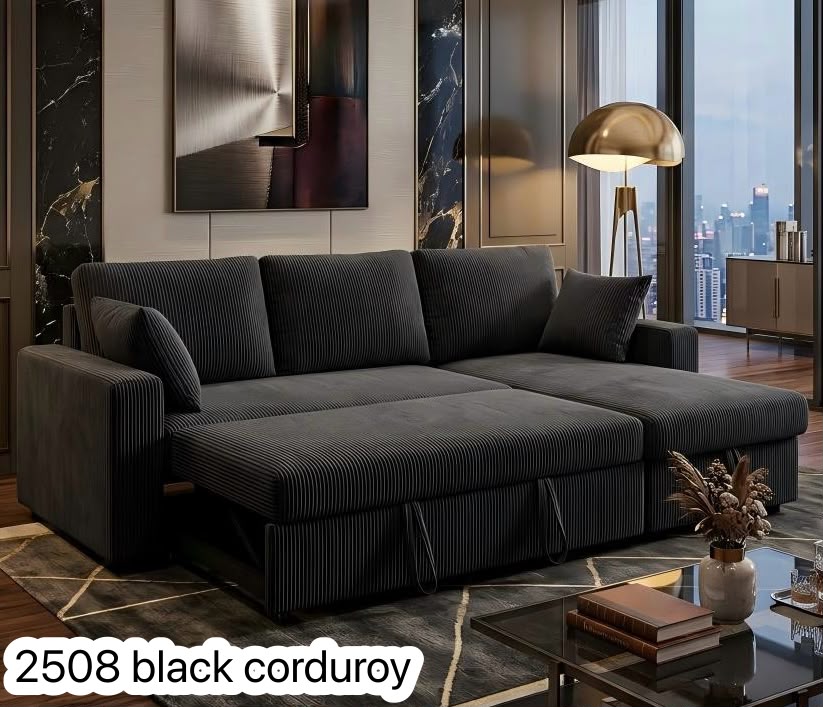 Live Oak 2508 Reversible Corduroy Pull-Out Sofa Bed Sectional - Black