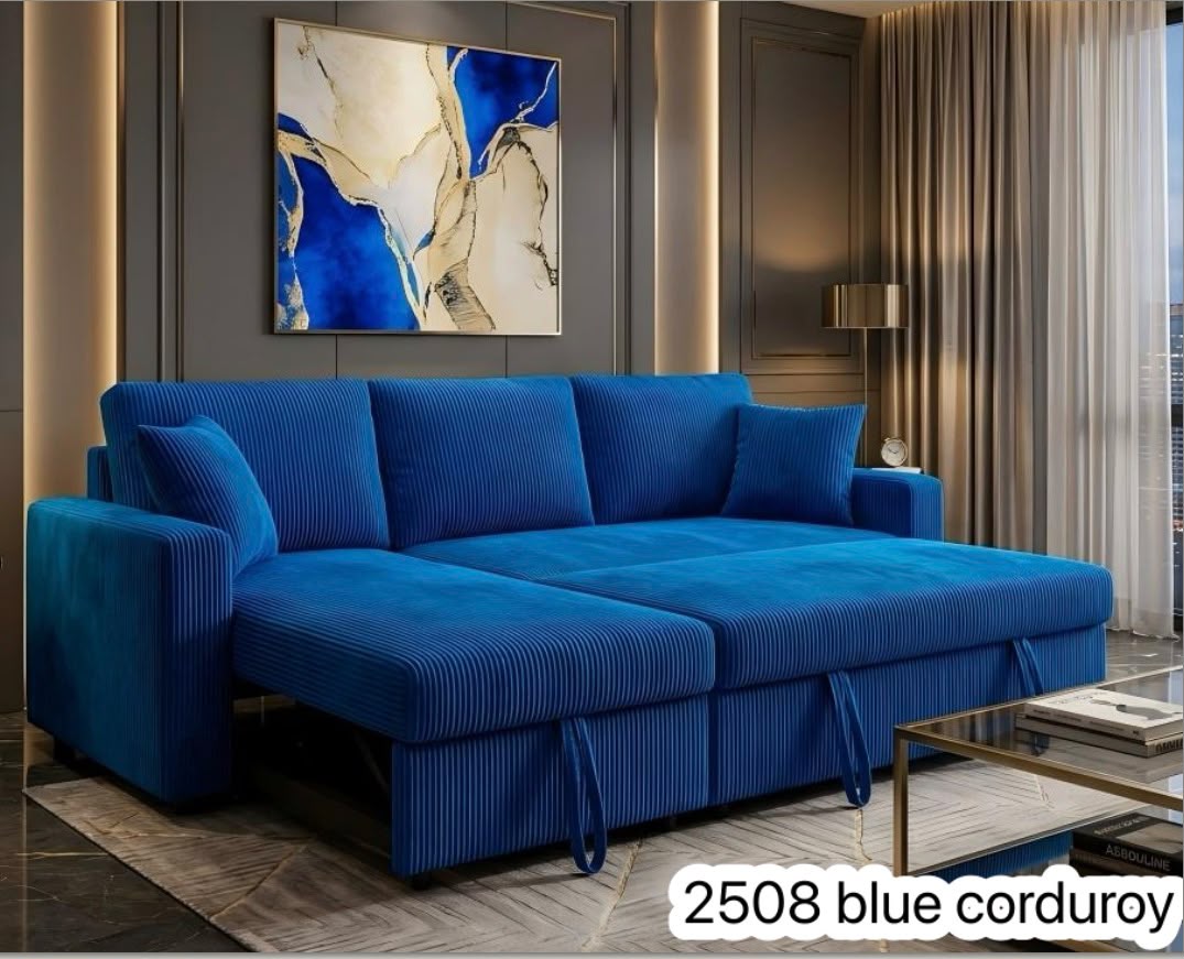Live Oak 2508 Reversible Corduroy Pull-Out Sofa Bed Sectional - Blue