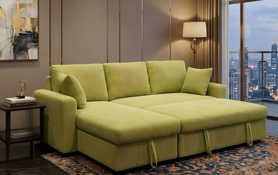 Live Oak 2508 Reversible Corduroy Pull-Out Sofa Bed Sectional - Green
