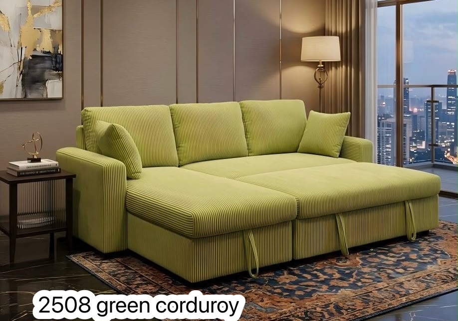 Live Oak 2508 Reversible Corduroy Pull-Out Sofa Bed Sectional - Green