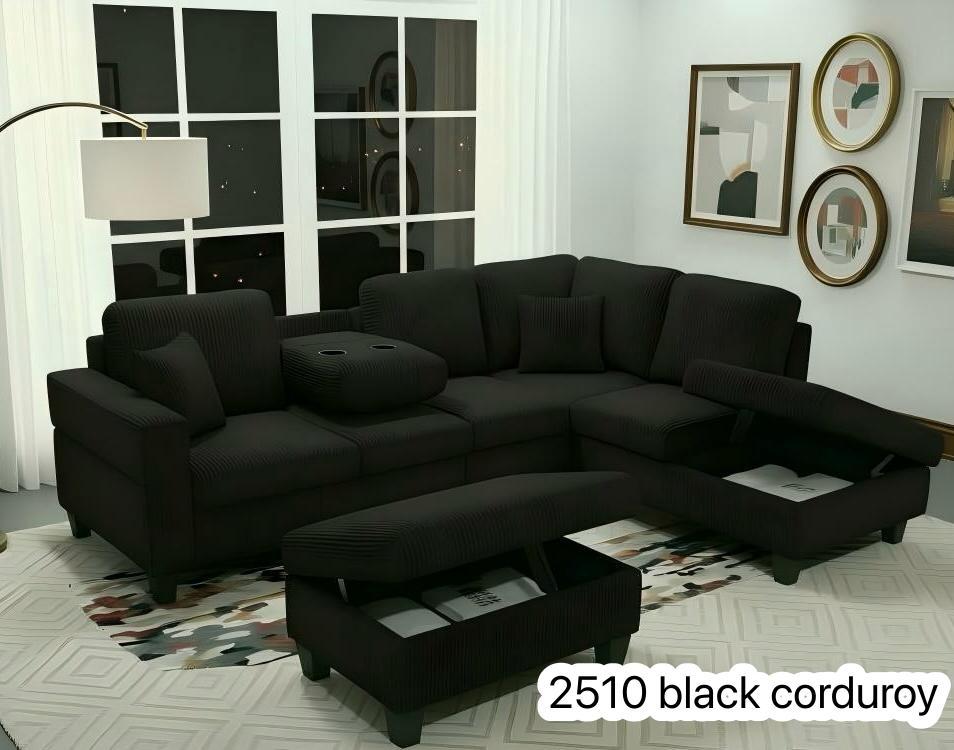 Live Oak 2510 Reversible Corduroy Sectional Sofa Set with Drop-Down Tray - Black