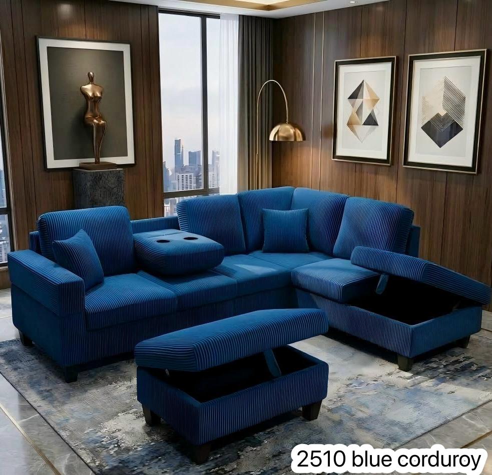 Live Oak 2510 Reversible Corduroy Sectional Sofa Set with Drop-Down Tray - Blue