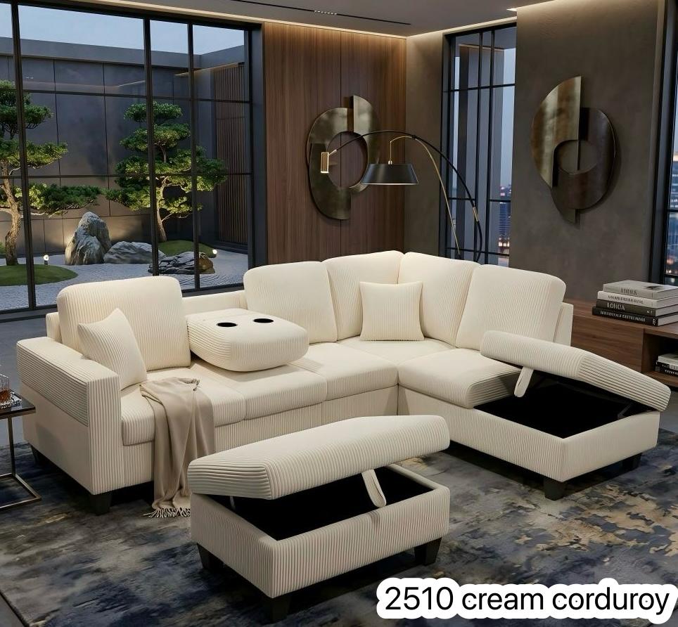 Live Oak 2510 Reversible Corduroy Sectional Sofa Set with Drop-Down Tray - Cream