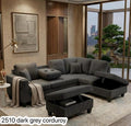 Live Oak 2510 Reversible Corduroy Sectional Sofa Set with Drop-Down Tray - Dark Grey
