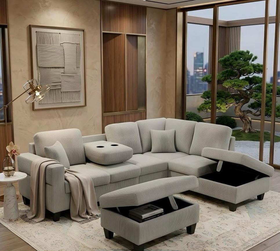 Live Oak 2510 Reversible Corduroy Sectional Sofa Set with Drop-Down Tray - Light Grey
