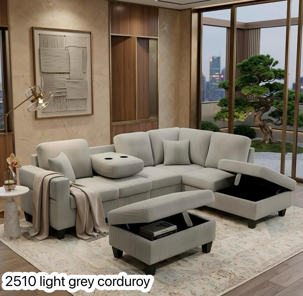 Live Oak 2510 Reversible Corduroy Sectional Sofa Set with Drop-Down Tray - Light Grey