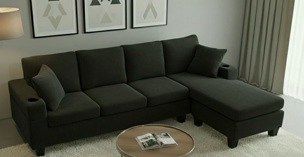 Live Oak 2511 Reversible Corduroy Sectional Sofa Set - Black
